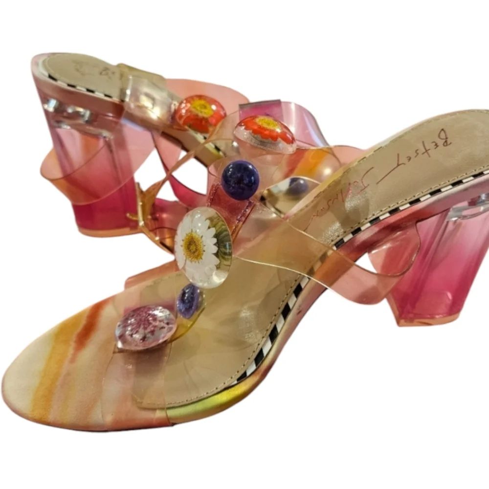 Betsey Johnson Lennie Pink Multi Floral Clear Block Heel 6